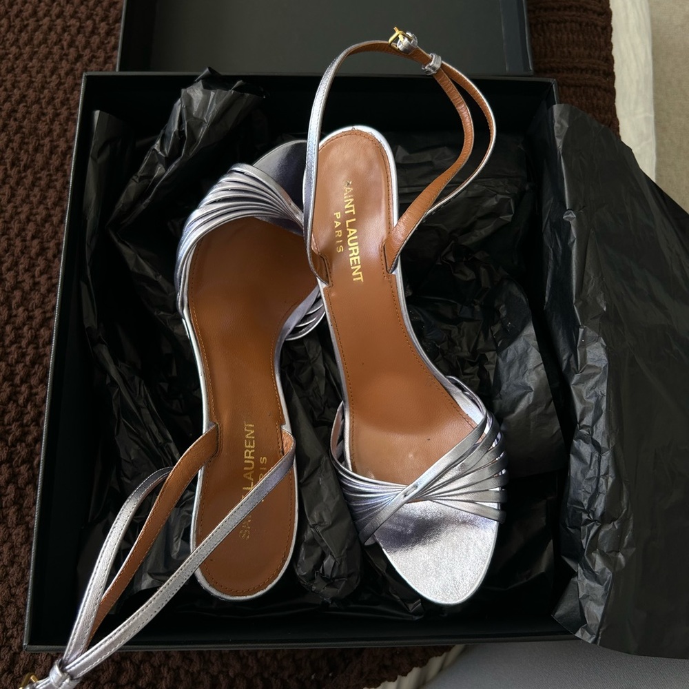 Saint Laurent Tina Strappy Metallic Leather Sandal Size 38 1/2